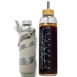 drinmoaer 32 oz Motivational Glass Water Bottles with 2 Lids | Sports Water Bottle with Neoprene Sleeve and Adjustable Strap (White Plastic Lid and Bamboo Lid with Straw)