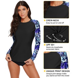 BesserBay Black Blue Tropical Leaves Color Block UPF 50+ Swim Tops for Women Surf Beach Athletic Long Sleeve Swimming Top 2XL