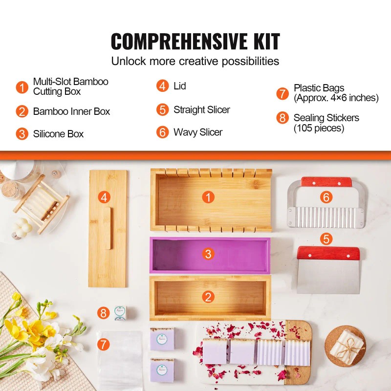 100 Bags Soap Making Kit with Bamboo Cutting Box Stainless