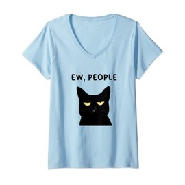 Womens Ew, People I Hate People Funny Black Cat Yellow Eyes V-Neck T-Shirt