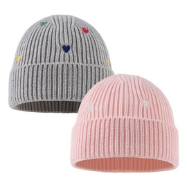 PEECABE Winter Hat for Baby Girls Heart Toddler Beanie Knitted Girl Beanies Hats Warm Skull Caps for Newborn Infant Girls (0-6 Months, 2PCS-B)