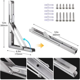 Folding Shelf Brackets, Heavy Duty Stainless Steel Collapsible DIY Wall Mounted Shelf Bracket, Max Load 100kg (12 inch)