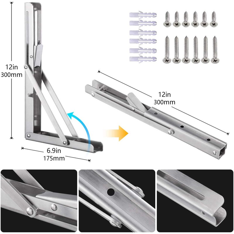 Folding Shelf Brackets, Heavy Duty Stainless Steel Collapsible DIY Wall