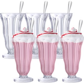 Maxcheck 6 Set Milkshake Glass 17 oz Sundae Glasses with Stainless Steel Spoons Old Fashioned Milkshake Cups Plastic Ice Cream Float Glasses Clear Soda Glasses for Juice Tropical Drinks Party