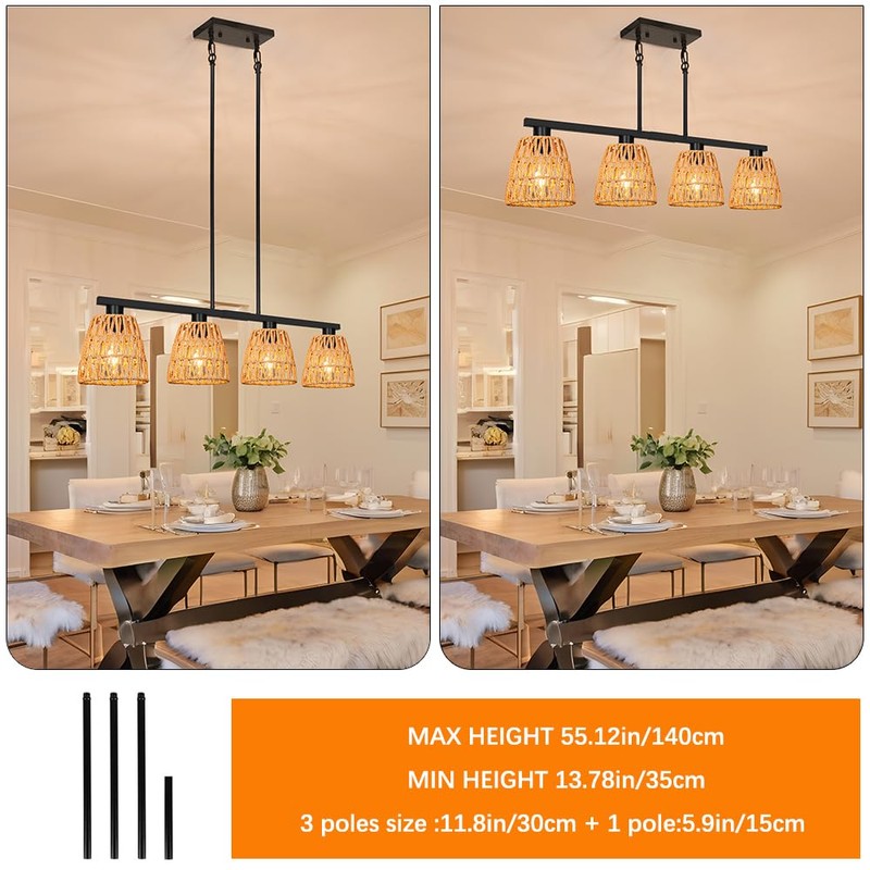 Black 4-Light Kitchen Island Lighting, Boho Rattan Dining Room Light