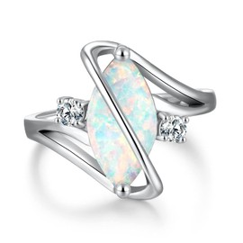 CiNily Silver Opal Ring White Fire Opal & Cubic Zirconia Sterling Silver Ring for Women Size 6