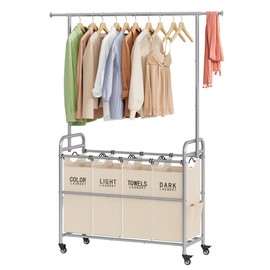 Tajsoon Laundry Hamper with Hanging Rack, Laundry Sorter 4 Sections, 4 Basket Butler with Lockable Wheels and Removable Bag, Rolling Laundry Cart for Bedroom, Beige
