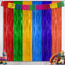 2 Pack Cinco De Mayo Decorations, 3.28 FT x 7.05 FT Fiesta Rainbow Backdrop, Mexican Style Fringe Curtains Tinsel Backdrop Party Streamer, Metallic Taco Party Decorations Mexican Decor