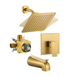 BRAVEBAR Brushed Gold Shower Faucet Set - Gold Tub and Shower Faucets Set with 8-Inch Rain Shower Head and Tub Spout, Single-Handle Bathtub and Shower Trim Kit Valve Included