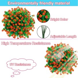 TURNMEON 8Pcs Boxwood Artificial Fall Flowers Outdoor UV Resistant Fake Flowers,Faux Plastic Flower Greenery Shrubs Fall Plants for Indoor Outside Planter Home Garden Porch Fall Decor(Dark Orange)