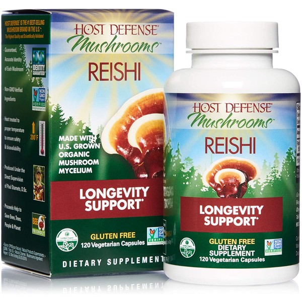 Host Defense, Reishi Capsules, Supports General Wellness and Vitality, Daily Mushroom Mycelium Supplement, USDA Organic, Gluten Free, 120 Vegetarian Capsules (60 Servings)