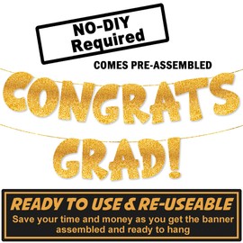 TOYVENTURES Graduation Gold Decorations Set - Congrats Grad Banner, Class of 2024 Backdrop, Party Supplies for High School & College Celebrations Degree PHD (Pre-strung, No DIY Required) (Gold-CG)