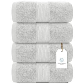 White Classic Luxury Bath Towels Set of 4 Large - 700 GSM Cotton Ultra Soft Bath Towels 27x54 | Highly Absorbent and Quick Dry | Hotel Towels for Bathroom Luxury, Plush Shower Towels, Silver