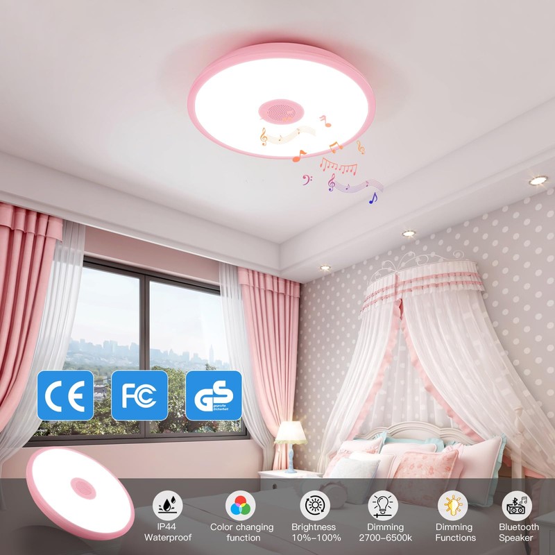 ASALL Pink Waterproof LED Ceiling Light Fixture,Music Ceiling Lamp,with Bluetooth
