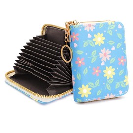 Credit Card Holder Women's Wallet Small Leather Blocker Wallet ID Cards Credit Card Holder Protection Card Holder Case Cash Coin Compartment Purse Wallet with Zip Key Ring, blue, Retro