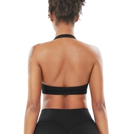 VOYJOY Women Workout Impact Bras Medium Low Support Halter Sports Bras Seamless Open Back Gym Padded Yoga Crop Top, Black, X-Large