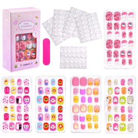 Kids Stick on Nails - 120PCS Kawaii Kids Nails False - Fake nails for kids - Cartoon Press on with Stickers - 12-Size Short Square Nail Tips with Sheep,Kitty,Flowers,Food Design