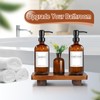 Kitchen Soap Dispenser Set with Wood Riser Tray, Amber Glass