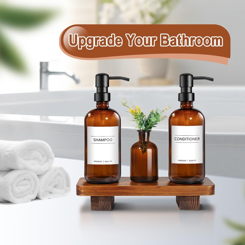 Kitchen Soap Dispenser Set with Wood Riser Tray, Amber Glass