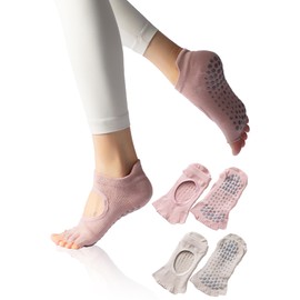 Gemma Plus Yoga Socks, Anti-Slip, 5 Toes, Women's, Anti-Slip Socks, Yoga Grip Socks, Pilates, 2 Pairs, Teak Pink x Ecru