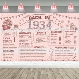 DARUNAXY Rose Gold 90th Birthday Party Decorations for Women, Back in 1934 90th Birthday Banner Backdrop Pink Cheers to 90 Years Old Birthday Party Supplies Vintage 1934 90 Birthday Poster for Girls