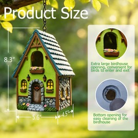 Whimsical Fairy Tale Bird House, Hand-Painted Resin Hanging Birdhouse with Stone & Flower Details, Weatherproof Outdoor Nest Box for Bluebird Wren Sparrow, Cute Garden Yard Decor