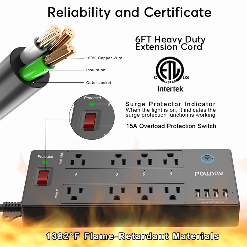 POWSAV 6 Ft WiFi Surge Protector - 8 Outlet Extension
