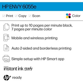 HP ENVY 6055e Wireless Color All-in-One Printer with 3 Months Free Ink with HP+ (223N1A) (Renewed)