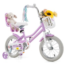 BABY JOY Girls Bike, 14 Inches Kids Bicycle w/Basket, Doll Seat, Colorful Streamers, Training Wheels, Reflectors, Handbrake & Coaster Brake, Kids Bike for Children 3-5 Years Old (Purple)