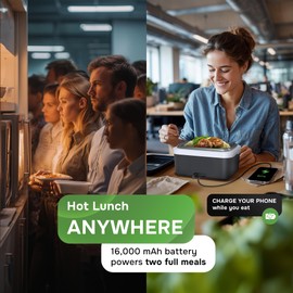 MIU France Heated Lunch Box for Adults 16000mAh - Electric Lunch Box with 6 Temp Levels, Rechargeable Portable Food Warmer Box, Leak-Proof 1L Hot Lunch Heater with Timer, Phone Charger, Insulated Bag
