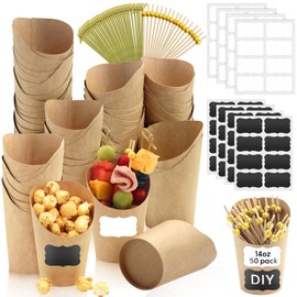 Bayurht 50 Sets 12 oz Charcuterie Cups with Sticks 210 PCS Individual Disposable Charcuterie Cups with Cocktail Picks and Labelss Kraft Paper French Fry Brown Paper Appetizer Cup for French Fry