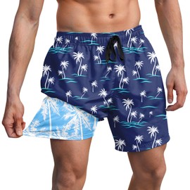 westwolf Bathing Suit for Men 5.5 Inch Compress Swim Trunks Palm Tree Hawiian Swim Shorts Stretchy Quick Dry Navy Blue Swimwear Elastic Waistband Board Shorts Large