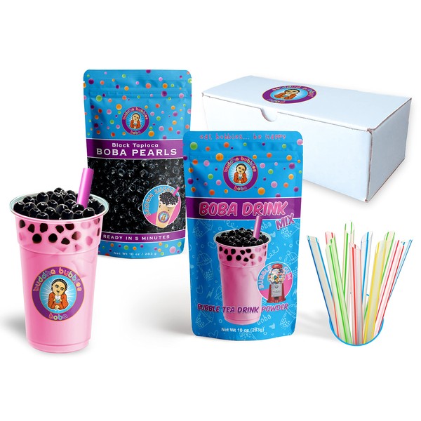 Buda Bubbles Boba - Kit de té con burbujas de mascar de 10 bebidas: polvo de té, perlas de tapioca y popotes