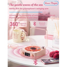 The Waves Bluetooth Speaker, Portable Four Modes Vintage Record Player, Waves Retro Record Player with Adjustable Lights, Sea White Noise for Bedroom, Party (Pinkish)