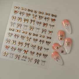 Gold Bow Nail Art Stickers Decals 5D Embossed Nail Decals Bow Nail Stickers with Rhinestone Design Gold Nails Art Supplies Decoration Accessories for Women and Girls