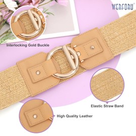 WERFORU Straw Woven Elastic Belt for Women Ladies Stretchy Braided Waist Belt with Gold Buckle for Dresses Light Brown