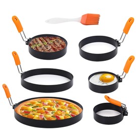 Srinlon Professional Pancake Ring Set,6 Packs Omelette Ring,Non-stick Griddle Pancake Shapers with Oil Brush,Stainless Fried Egg Molds with Orange Anti-scald Silicone Handle