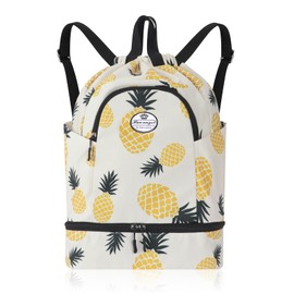 HUA ANGEL Lightweight Drawstring Backpack with Shoe Compartment, Waterproof for Sports Gym Travel Swimming Basketball Soccer, Pineapple 1, Sporty