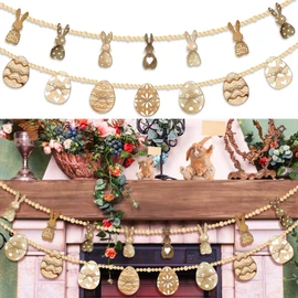 Marsui 2 Pcs Easter Garland Wooden Rabbit Egg 6 FT Wooden Beads Easter Banner Rustic Fireplace Garland Farmhouse Banner Mantel Decorations for Home Shelf Fireplace Wall Mantle Windows Wall
