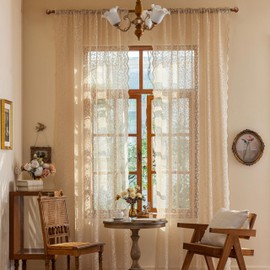 Luyicozy Beige Lace Sheer Curtains - Floral Light Filtering Translucent Drapes with Scalloped Edges for French Doors & Living Room, Romantic Rod Pocket Vintage Crochet,2 Panels,52x63 Inches