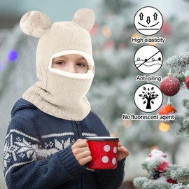 BNGXR Children's Winter Hat, Knitted Hooded Scarf, Warm Knitted Hat with Pompom, Slip-On Hat Baby, Hat and Neckerchief Baby Set, Cute Winter Hat, for Girls and Boys (White), NO