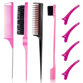 Goiple 8 Pieces Styling Comb Set - Teasing Brush, Rat Tail Comb, Edge Brush for Slicking and Combing Hair for Women (Pink)