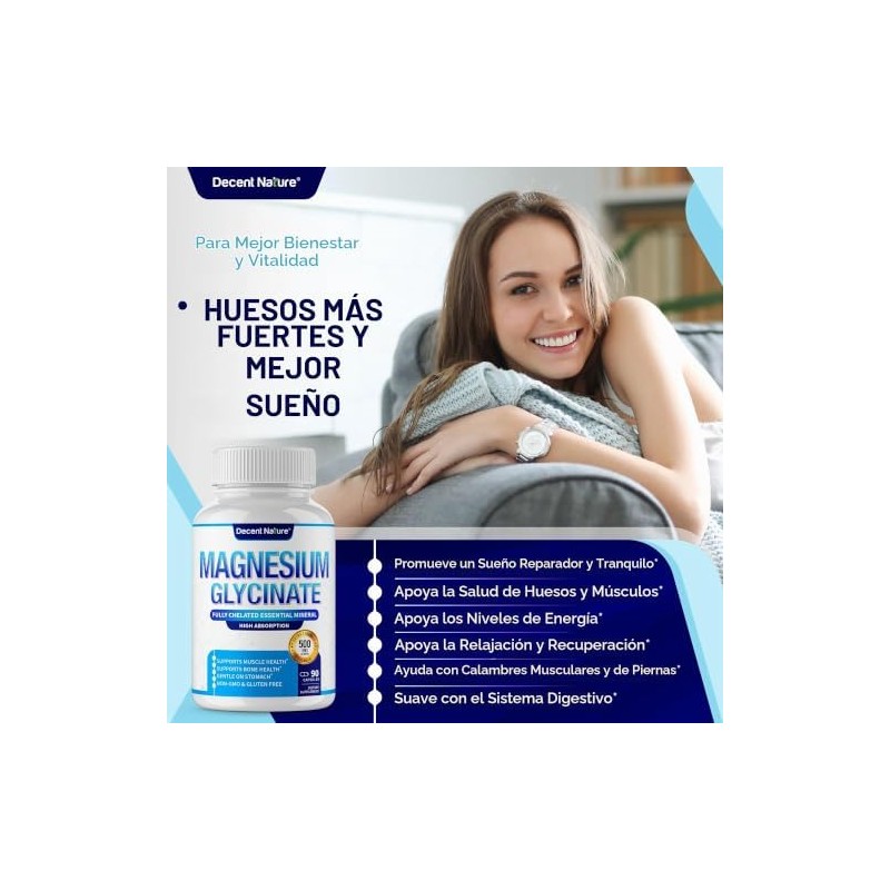 DECENT NATURE- Glicinato de Magnesio 525mg Suplemento Elemental de Magnesio