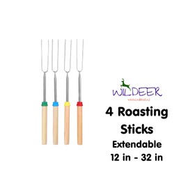 Wildeer | Roasting Sticks Extendable | Stainless Steel Skewers | Wooden Handle | BBQ Fork | 32in | Smores, BBQ, Marshmallows (4 Extendable Sticks)