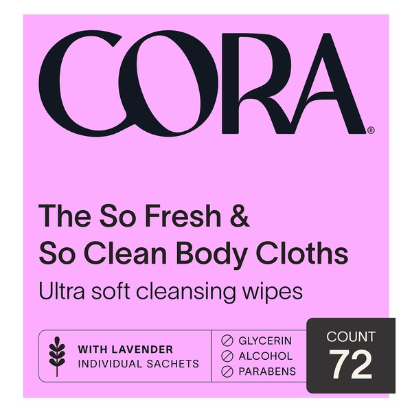 Cora Body Cloths | Cleansing Wipes | Lavender Scent | Individually Wrapped Sachet | All Over Refresh | Intimate Areas | Moisturizing and Hydrating | pH Balance | Soothing Aloe | Packaging May Vary (72 Count)