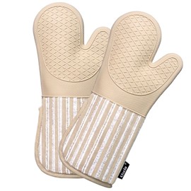 Alselo Silicone Oven Mitts Heat Resistant 932℉ with Waterproof & Non-Slip Kitchen Mittens, Set of 2 Extra Long Oven Gloves with Soft Cotton Terry Lining for Baking Cooking Barbecue (Khaki, 2)