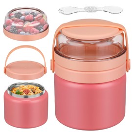 2-in-1 Insulated Thermo for Hot Food with Tritan Snack Box Container 13.5oz Food Jar for Kids Lunch Container Soup Thermal with Spoon Stainless Steel Wide Mouth Vacuum for School Office Travel