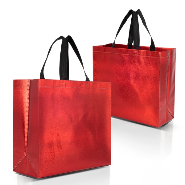 Nush Nush Red Gift Bags Large Size – Set of 12 Shiny Red Reusable Gift Bags With a Glossy Finish - Perfect As Goodie Bags With Handles, Christmas Gift Bags, Party Favor Bags – 13Wx5Dx11H Size