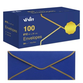Vivin 100 Packs #10 Business Envelopes, 4-1/8 x 9-1/2 Inches, 24 LB, Blue Envelopes with Gold Stickers for Privacy Documents, Home & Office