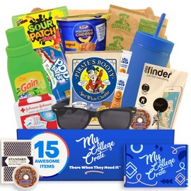 College Student Welcome Package (Snacks & Gift Set for New Students) Coffee K-cups, Oatmeal, Pop-Tarts, Mac & Cheese, Sour Patch Kids, Drink Tumbler, Laundry